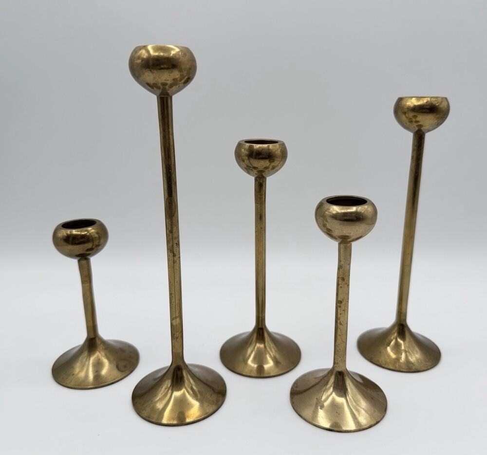 Brass Tulip Cup Graduated Taper Candle Holders Mid Century Modern MCM Set of 5
